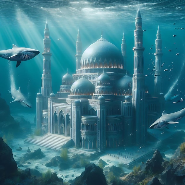 Photo scénario de la mosquée sous-marine avec l'observation de baleines