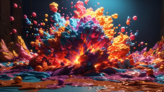 Scène 3D où des explosions de couleurs vibrantes créent une illusion de profondeur et de mouvement
