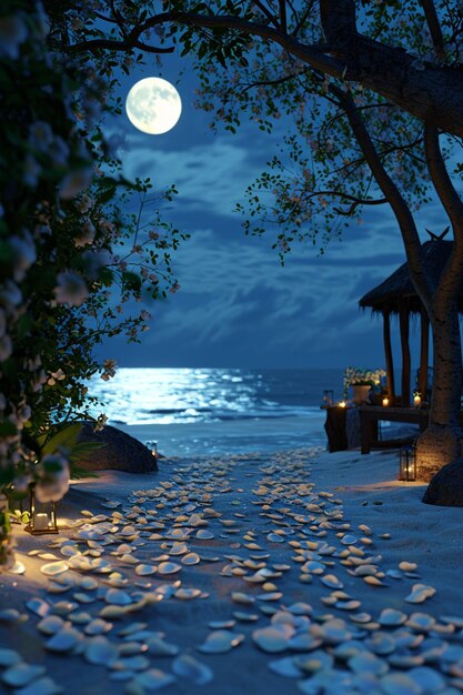 Photo une scène 3d d'une plage au clair de lune