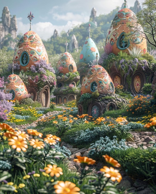 Photo une scène 3d vibrante d'une chasse aux œufs de pâques se déroulant dans un jardin magique