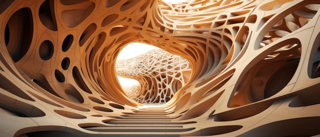 Scène abstraite intrigante avec des structures en bois Tunnel spirale en bois hypnotisant avec des dessins abstraits vibrants évoquant la profondeur et le mouvement AI Génératif