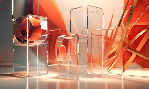 Photo scène abstraite de morphisme de verre avec des cubes transparents dans un décor orange vif ai generative