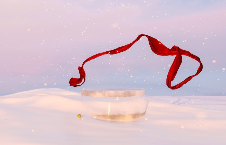 Photo scène abstraite de noël d'hiver avec support de produit de glace et ruban rouge
