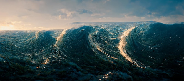 Scène abstraite spectaculaire d'un raz de marée océanique Illustration 3D d'art numérique