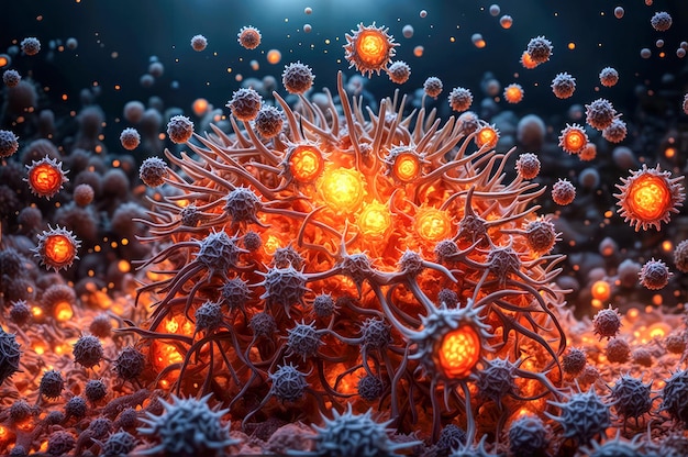 Scène abstraite avec des virus Une image de particules de coronavirus orange brillantesProcessus inflammatoire