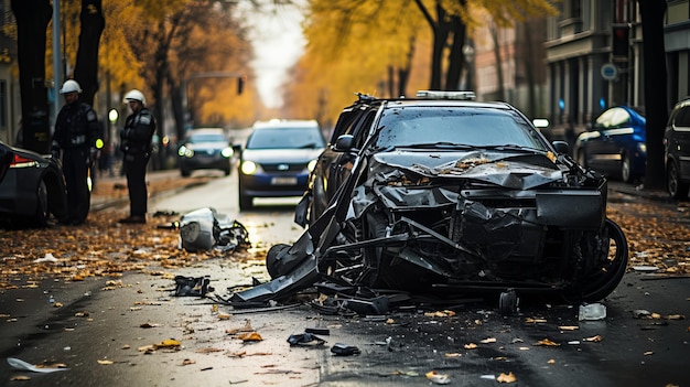 Photo scène d'un accident de voiture en plein jour avec deux véhicules se heurtant sur la route dans un incident de collision dramatique