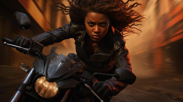 Scène d'action avec une femme noire sur le vélo qui s'éloigne du feu et de l'explosion Scène dynamique dans le style d'un film d'action blockbuster