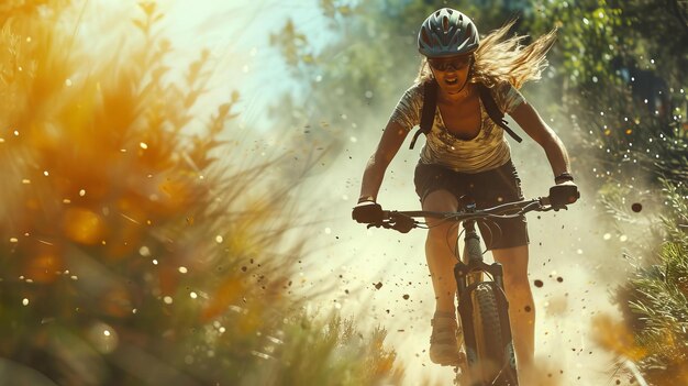 Photo une scène d'action d'une femme en vélo de montagne sur un sentier difficile sa posture et son expression montrent le frisson et l'excitation