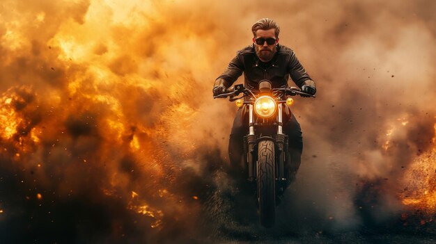 Scène d'action avec un homme s'éloignant de l'explosion à vélo Scène dynamique avec le feu dans le style d'un film d'action blockbuster