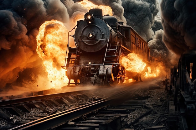 Scène d'action avec un homme sautant du train Scène dynamique avec une explosion de wagon de chemin de fer dans le style d'un film d'action.