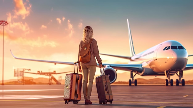 Scène d'aéroport avec un voyageur femme voyage à l'aéroport voyageur avec des bagages