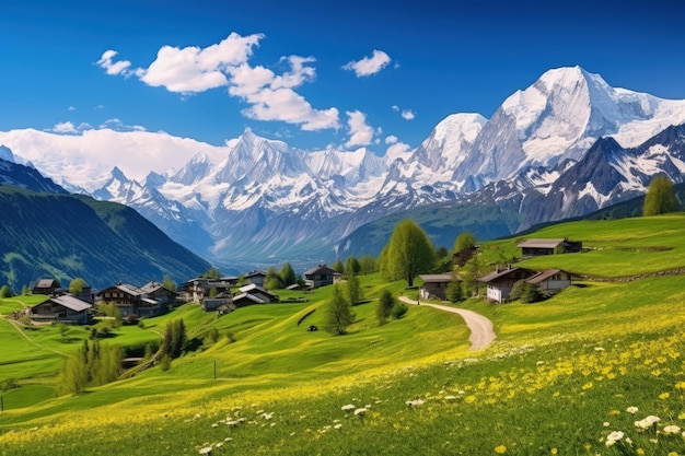 Scène alpine avec des prairies luxuriantes, des fleurs vibrantes et des sommets enneigés au loin