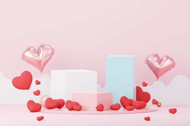 Scène d'amour douce minimale 3D Happy Valentines Day avec podium d'affichage pour maquette et présentation