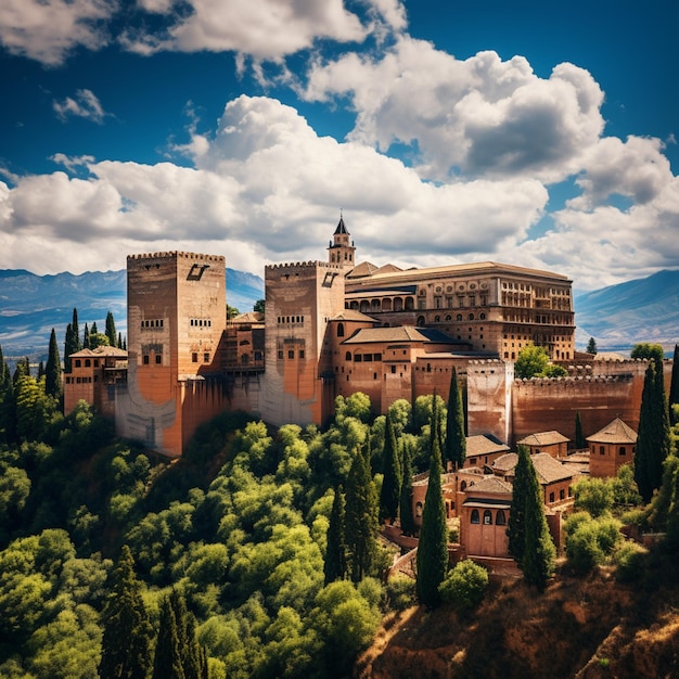 Scène ancienne forteresse de l'Alhambra en Espagne ciel bleu photos de fond Ai généré de l'art