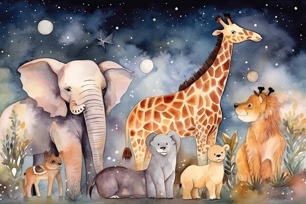 Scène animalière animée avec des girafes, des éléphants et d'autres animaux AI générative