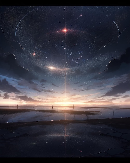 scène d'anime d'un coucher de soleil avec un ciel rempli d'étoiles et un grand cercle d'étoiles ai générative