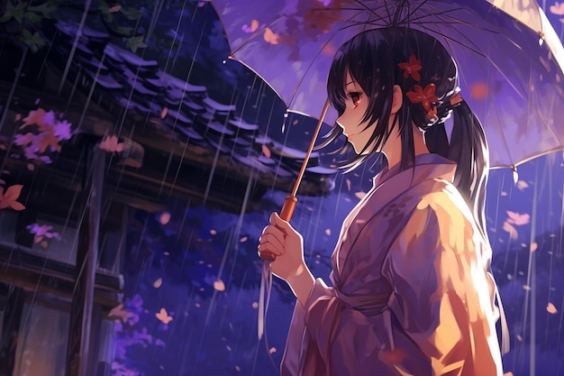 Scène d'anime d'une femme en robe violette debout sous la pluie