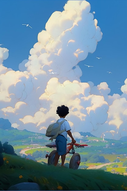 scène d'anime d'un garçon avec un vélo et un sac à dos regardant un beau paysage génératif ai