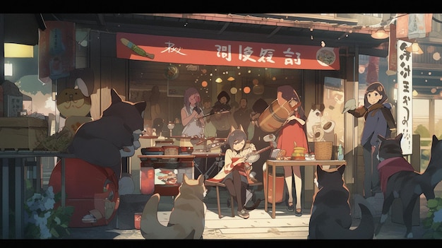 Scène d'anime d'un groupe de personnes assises à une table avec un chien ai génératif