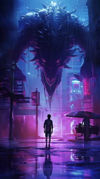 Scène d'anime d'un homme debout sous la pluie avec une tête de monstre géant