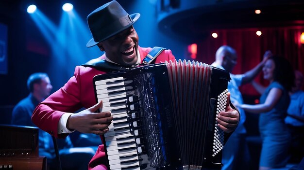 Photo une scène animée d'un habile accordéoniste dans un club de jazz faiblement éclairé