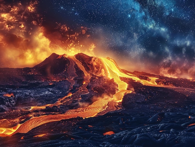 Une scène apocalyptique où un volcan éclate violemment sous un ciel étoilé avec des rivières de lave fondue coulant au milieu du terrain sombre juxtaposé à la sérénité cosmique de l'univers