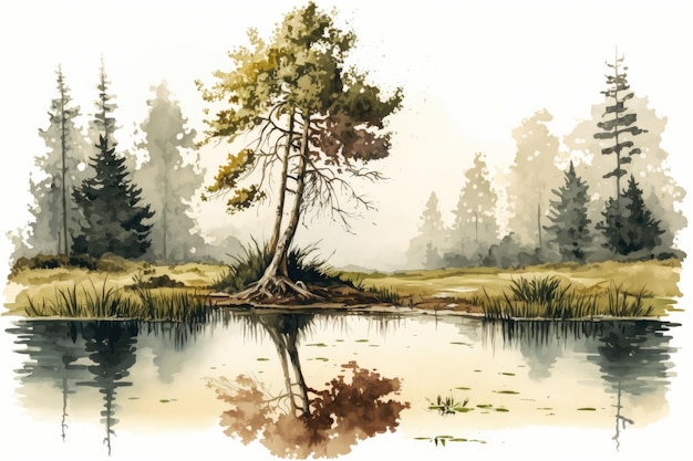 Une scène d'aquarelle de forêt tranquille avec un étang immobile et un seul arbre au premier plan