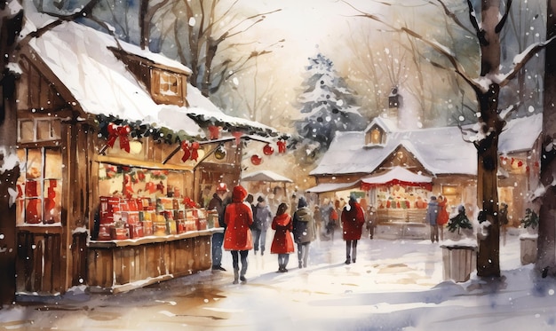 Scène aquarelle vintage du marché de Noël