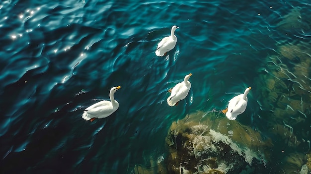 Scène aquatique sereine avec des cygnes élégants nageant gracieusement Faune aquatique tranquille dans leur habitat naturel Parfait pour les conceptions sur le thème de la nature AI