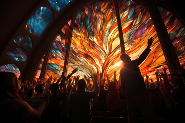 Scène d'arpentage La chorale gospel brille sous les vitraux Le berger parle IA générative