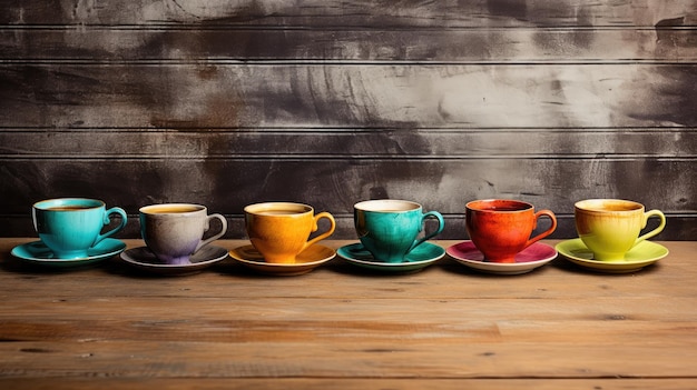 scène artistique mettant en vedette des tasses de café vibrantes sur une table en bois contre un fond grunge