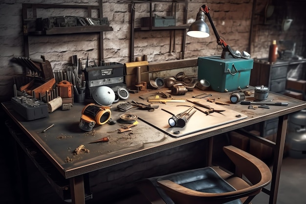 Scène d'atelier d'IA générative Vieux outils accrochés au mur dans l'atelier Étagère d'outils contre une table et