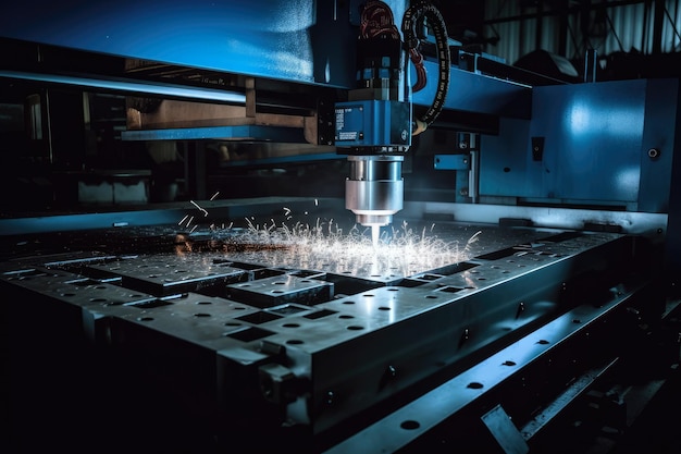 Scène d'atelier industriel de coupe à CNC à laser bleu intense