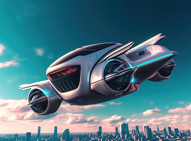 Scène atmosphérique mettant en vedette une voiture volante futuriste planant dans le ciel