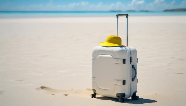 Une scène au bord de la plage avec une seule valise blanche attendant d'être remplie de souvenirs