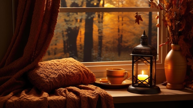 Une scène d'automne chaleureuse et confortable où la douce lumière ambre filtre à travers un cadre de fenêtre en bois