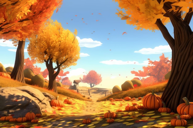 une scène d'automne avec des citrouilles et des arbres