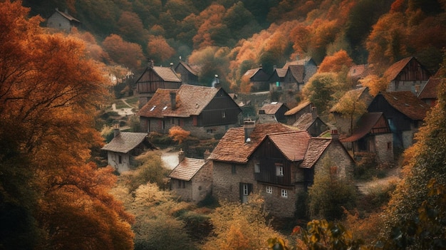 Une scène d'automne colorée avec une rivière et des maisons au premier plan.