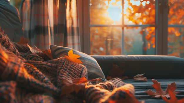 Photo une scène d'automne confortable avec des feuilles colorées et de l'air frais illustration générée par l'ia