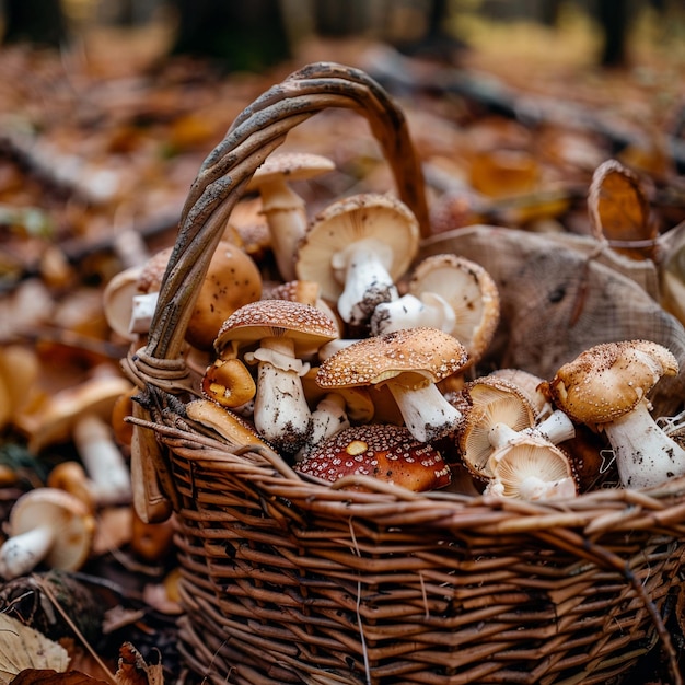 Scène d'automne de cueillette de champignons dans la forêt