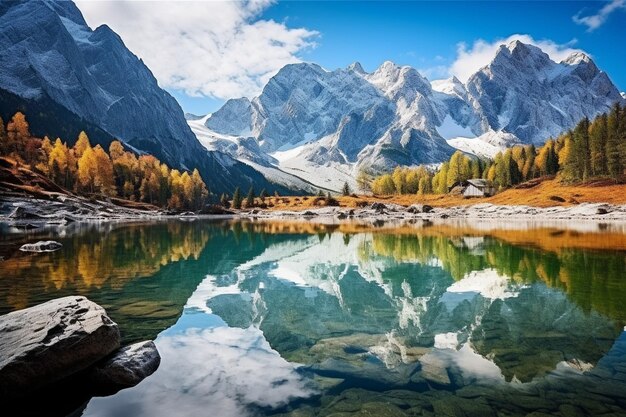 Scène d'automne paisible du lac Vorderer gosausee avec le glacier de Dachstein en arrière-plan pittoresque