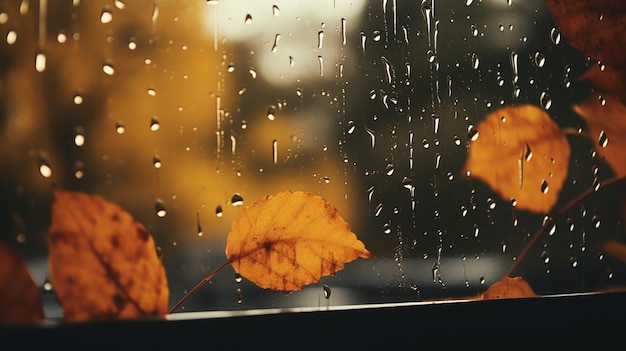 Une scène d'automne avec de la pluie et des feuilles sur la fenêtre