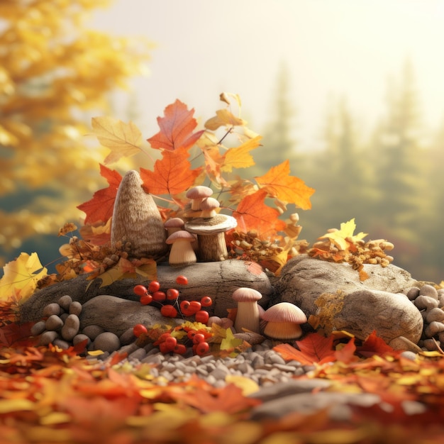 une scène d'automne avec des rochers et des feuilles de champignons