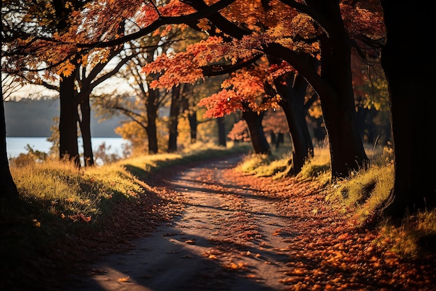 Une scène d'automne vibrante avec des feuilles colorées qui tombent