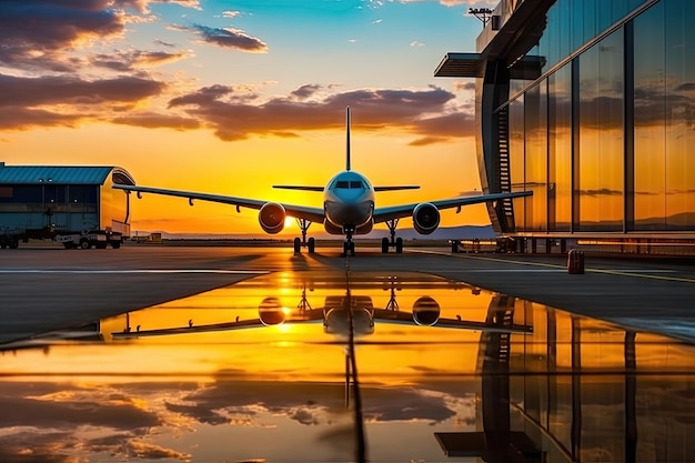 Scène d'aviation dramatique et sereine au coucher du soleil sur la piste de l'aéroport