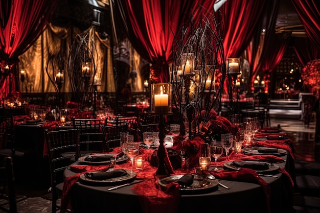 Scène de bal des vampires avec des invités élégants avec une décoration opulente et une atmosphère de mystère