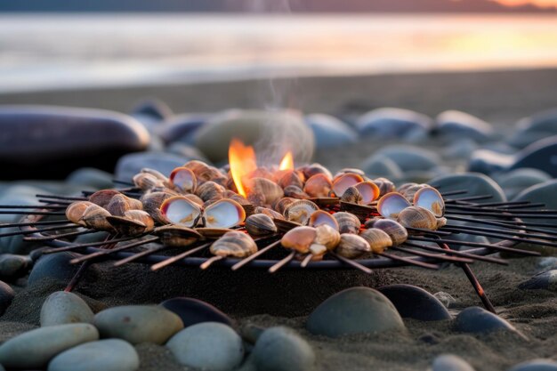 Scène de barbecue sur la plage avec palourdes grillées et magnifique coucher de soleil créé avec une IA générative