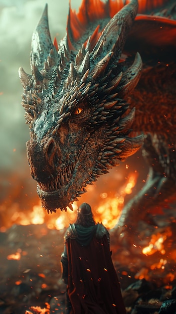 Scène de bataille épique entre un dragon et un chevalier