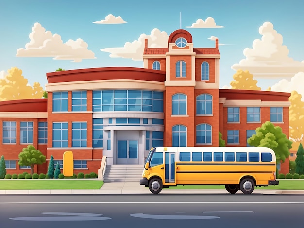 Scène avec bâtiment scolaire et illustration vectorielle de bus