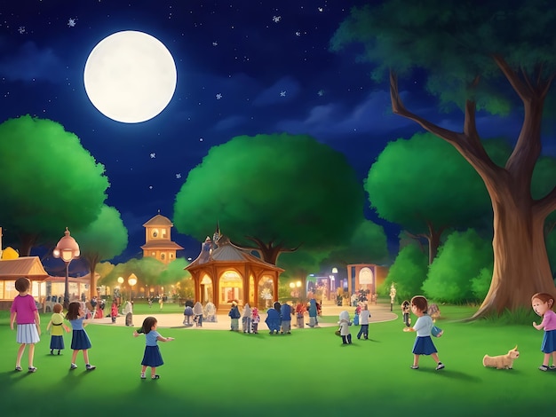 Scène avec beaucoup d'enfants dans le parc la nuit